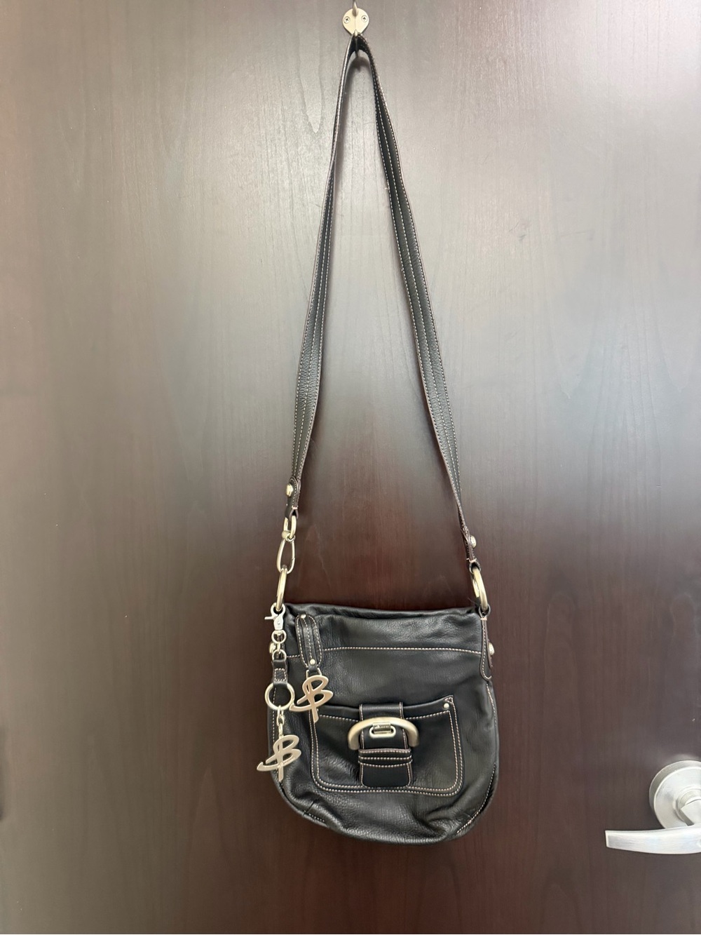 b. makowsky Black Leather Crossbody with Front Buckle and Charm Y2K